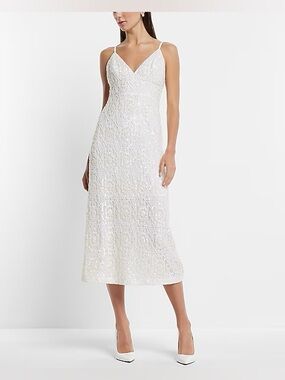NWT Express White Sequin Midi Slip Dress with Spaghetti Straps